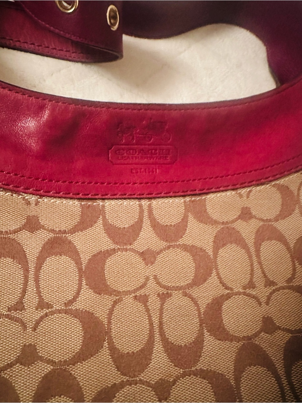 Coach Brown Signature Canvas Shoulder Bag with Burgundy Leather Trim - Picture 8 of 15
